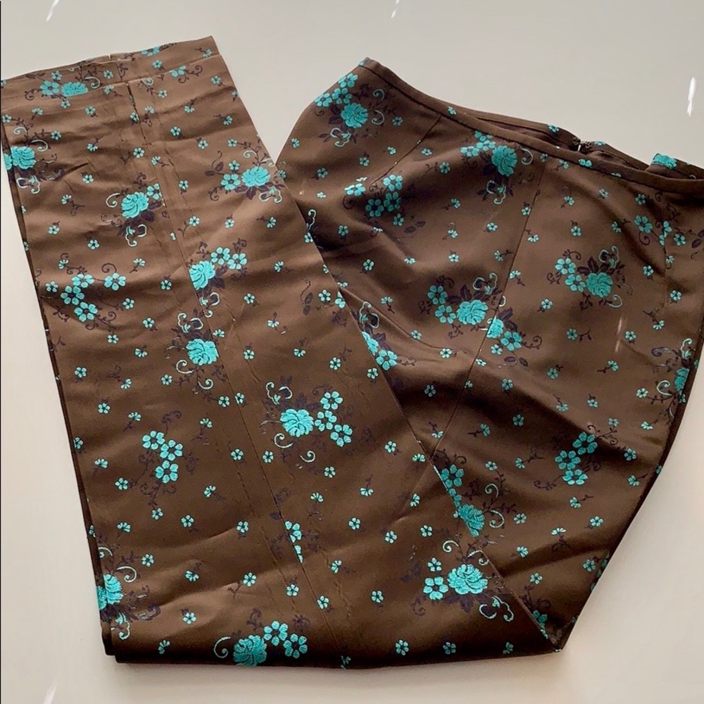 Ann Taylor Brown Floral Wide-Leg Pants with Teal Flowers